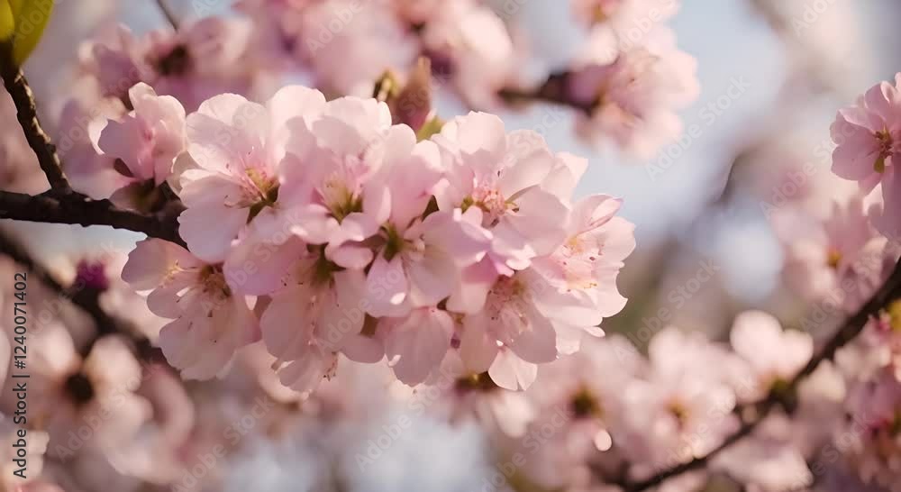 Blossoming Spring a blooming cherry blossom tree with petals drifting in the breeze, while the camera slowly pans to reveal the surrounding park and its vibrant life Blossoming Spring a blooming cherry blossom tree with petals drifting in the breeze, while the camera slowly pans to reveal the surrounding park and its vibrant life