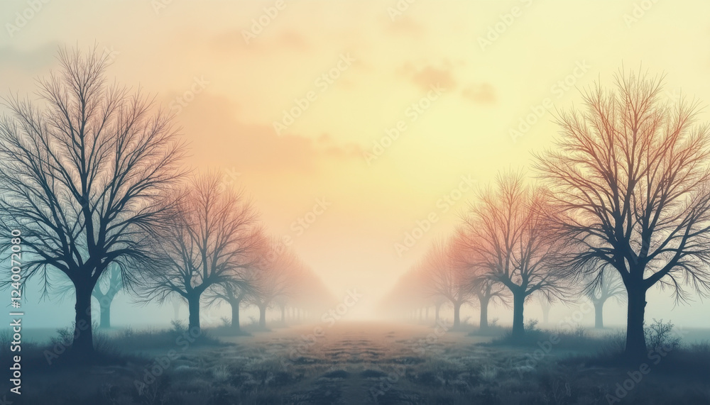 Fototapeta premium Leafless Orchard Alley in Winter at Dawn