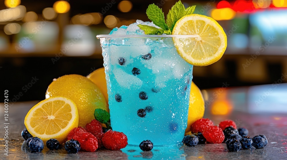 Refreshing blueberry lemonade in plastic cup, bar background