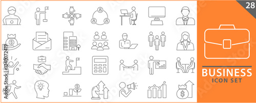 Business icon set. Business team, meeting, partnership, startup, planning, company, management, profit and successful key icons. Set icons vector collection.