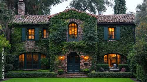 Ivy-covered stone house at dusk.