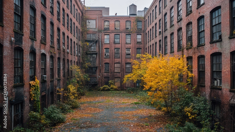 Fototapeta premium Overgrown courtyard between abandoned brick buildings.