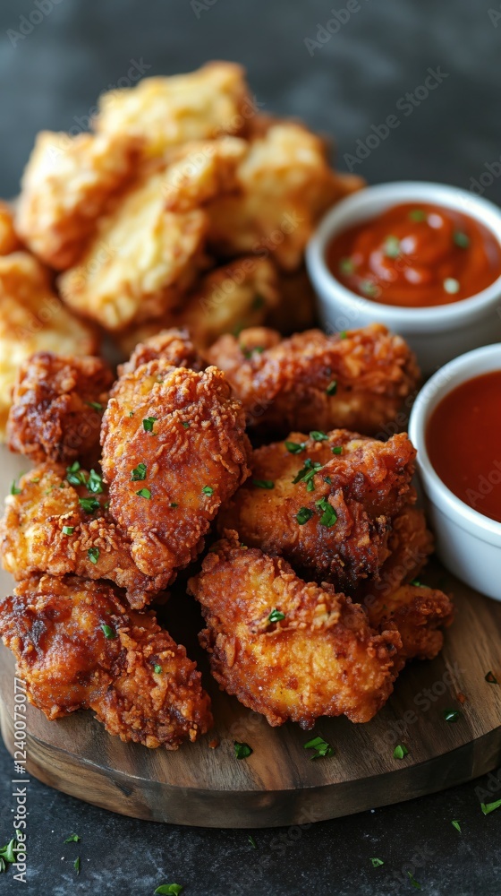 Crispy fried chicken pieces with dipping sauce and potato wedges on a wooden serving board Crispy fried chicken pieces with dipping sauce and potato wedges on a wooden serving board