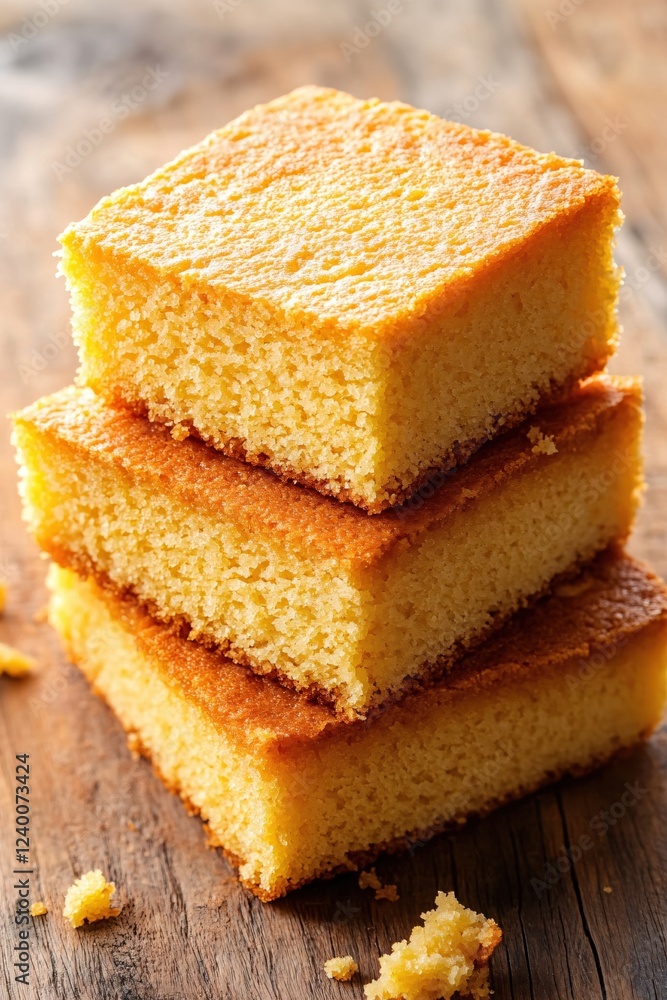 Stack of Golden Cornbread Slices on Rustic Wood Surface Close Up Food Photography Stack of Golden Cornbread Slices on Rustic Wood Surface Close Up Food Photography