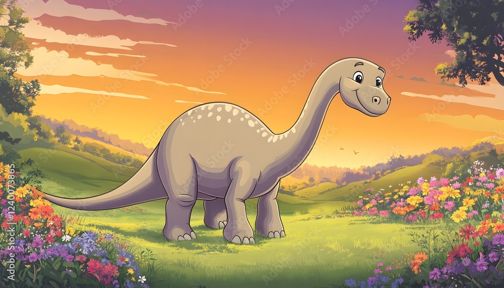 Obraz premium Happy Dinosaur in a Sunset Meadow