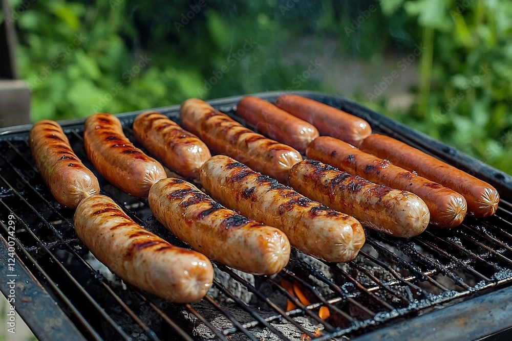 Barbecue grill with sausages and hot dogs cooking on an outdoor grill with visible flames Barbecue grill with sausages and hot dogs cooking on an outdoor grill with visible flames