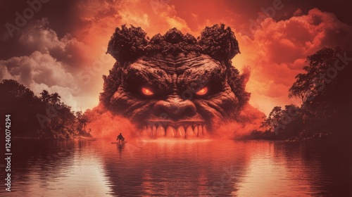 A lone figure paddles a small boat towards a menacing, gargantuan stone face emerging from a fiery, orange-hued lake.