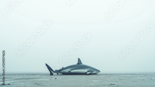 Wallpaper Mural Solitude of the Shark: A solitary shark lies stranded on a misty beach, its powerful form juxtaposed against the ethereal landscape, evoking a sense of isolation and vulnerability. Torontodigital.ca