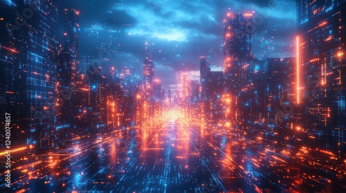 Wallpaper Mural Futuristic Digital Abstract Landscape with Neon Lights and Pixelated Squares Depicting Big Data and Blockchain Technology Torontodigital.ca