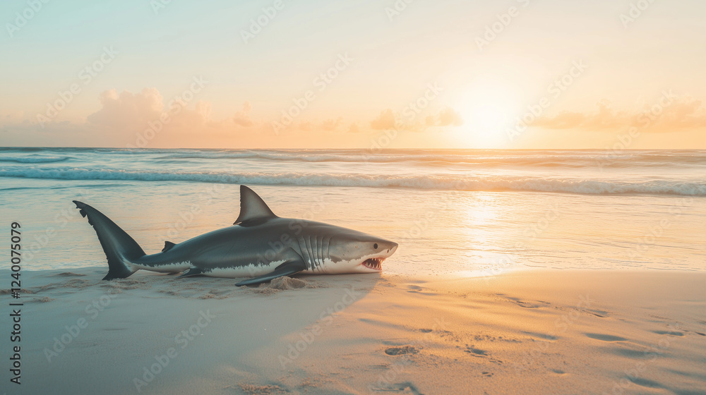Fototapeta premium Shark at Sunset: A powerful great white shark lies stranded on a sandy beach, silhouetted against a vibrant sunset. The scene evokes a sense of mystery and raw power.