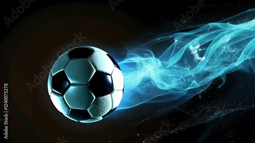 Dynamic soccer ball in motion with vibrant blue energy trail - energetic sports video stock footage