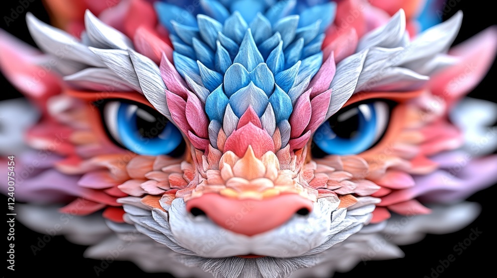 Close-up of a vibrant, pastel-colored dragon's face. Intricate details and bright blue eyes create a whimsical, artistic feel. Close-up of a vibrant, pastel-colored dragon's face. Intricate details and bright blue eyes create a whimsical, artistic feel.