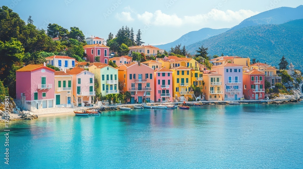 Obraz premium Colorful houses by the turquoise sea in a hillside village.