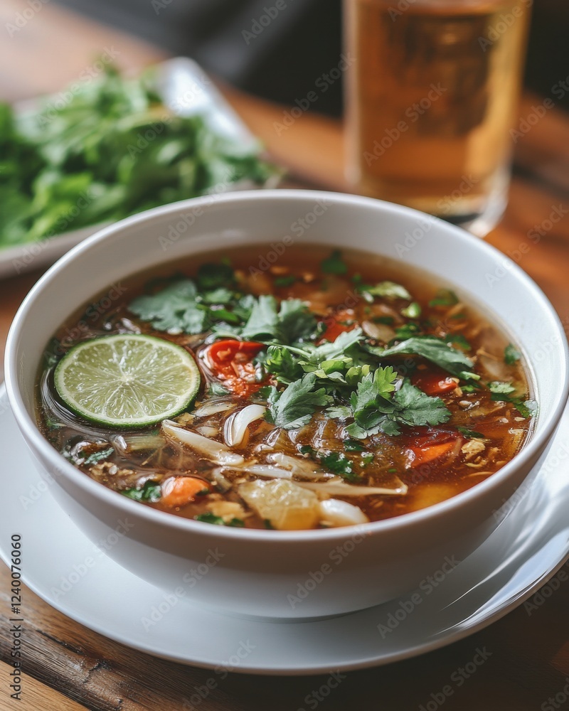 Fresh and Flavorful Bowl of Vegetable Soup with Lime and Herbs on Wooden Table Fresh and Flavorful Bowl of Vegetable Soup with Lime and Herbs on Wooden Table