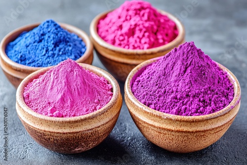 Vibrant Colored Powder Piles in Rustic Bowls on a Dark Textured Surface Artistic Still Life