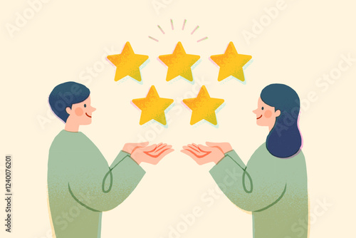 星5つの評価を付ける男女、顧客満足度のイメージイラスト