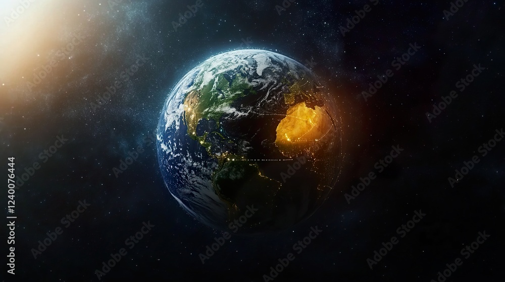 Fototapeta premium Glowing Earth with abstract network connections, symbolizing global connectivity and unity in a vast universe.