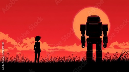 Silhouette of a young woman and a robot standing in a field at sunset. A vibrant red sky sets the mood.
