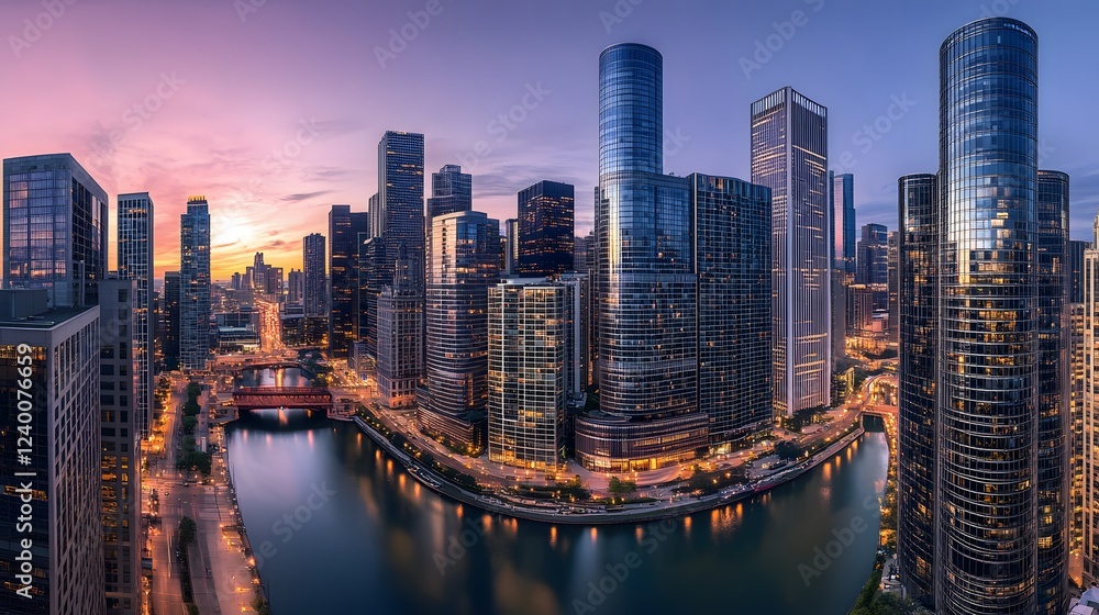 Obraz premium Panoramic View of Urban Skyscrapers Reflecting on Water During Golden Hour with Dramatic Sky