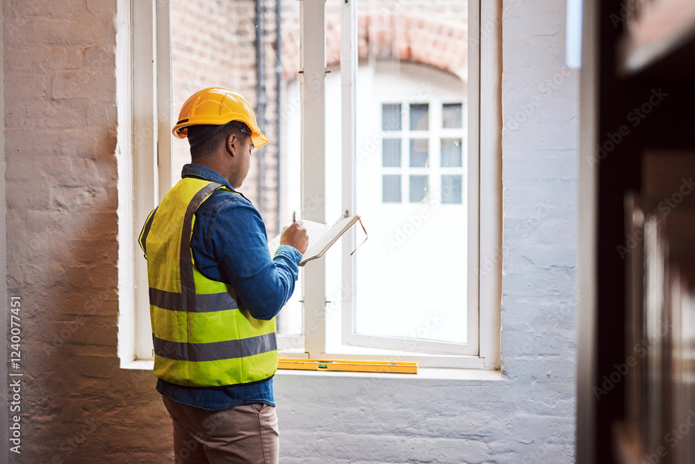 Architect, man and writing notes in office with planning, sketch or research for real estate development. Person, engineer and notebook for drawing, inspection and design review at construction site