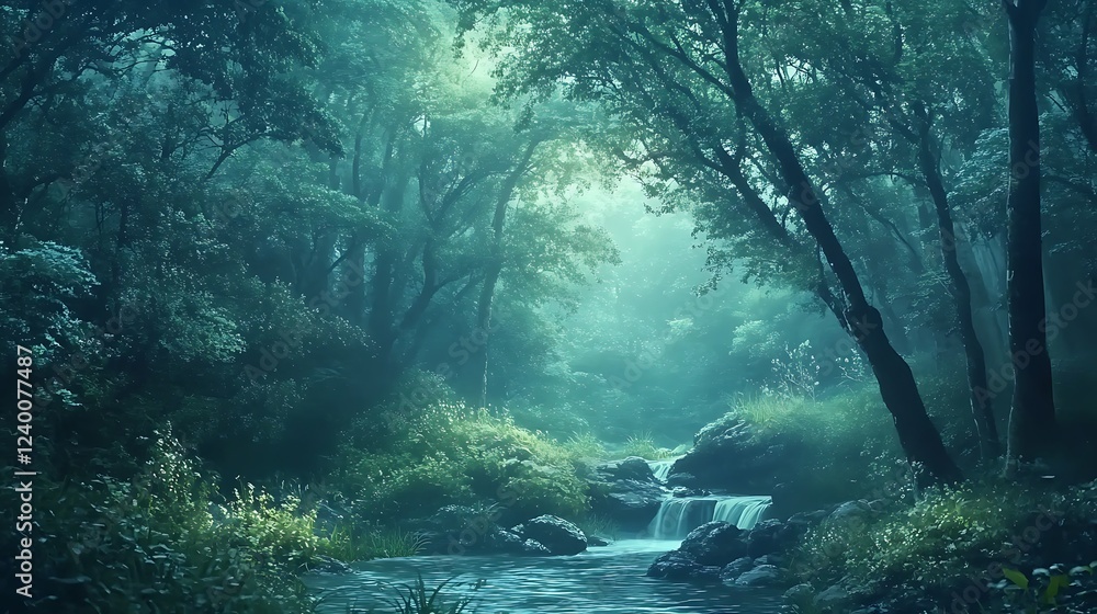 Fototapeta premium A Mystical Forest Stream with a Cascading Waterfall