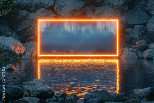 Soft diffused lighting illuminates a rectangular glass billboard with orange neon borders, floating above a calm waterbed surrounded by smooth stones. photo