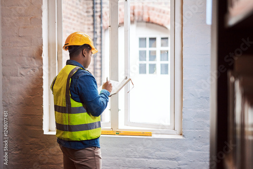 Obraz na płótnie Architect, man and writing notes in office with planning, sketch or research for real estate development. Person, engineer and notebook for drawing, inspection and design review at construction site w salonie