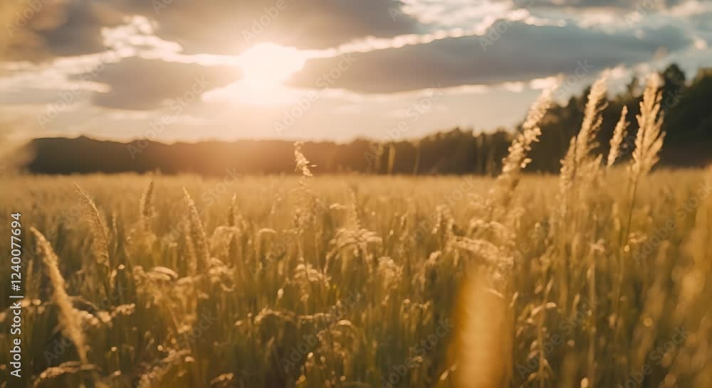 The gentle sway of tall grasses in a sunlit meadow, with the camera slowly panning across the horizon as clouds drift by