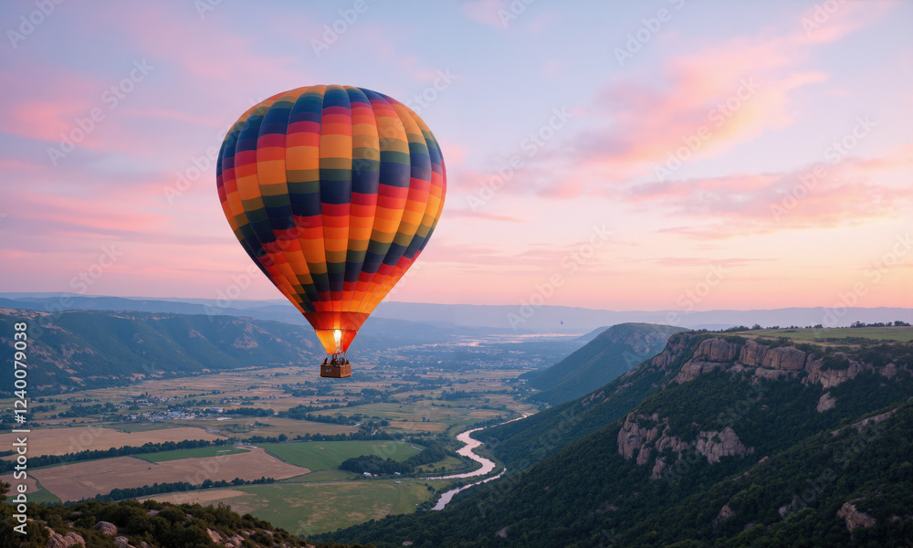 Fototapeta premium Hot air balloon floating over a valley at sunrise for adventure and travel inspiration. A colorful hot air balloon drifts gracefully above a
