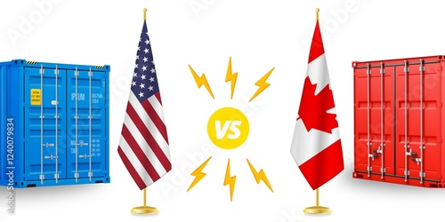 A comparison of trade relations between the USA and Canada, featuring shipping containers and national flags, symbolizing economic tension, trade war, and competition.
