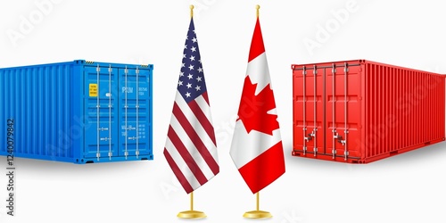 Shipping containers representing trade between the USA and Canada, highlighting import-export dynamics with national flags on display.
