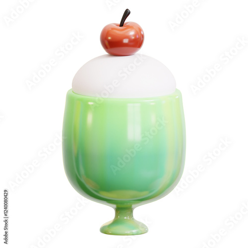 Ice cream parfait in green dessert cup with whipped cream topping and cherry 3D cute cartoon glossy glass pastel isolated icon. sweet treat