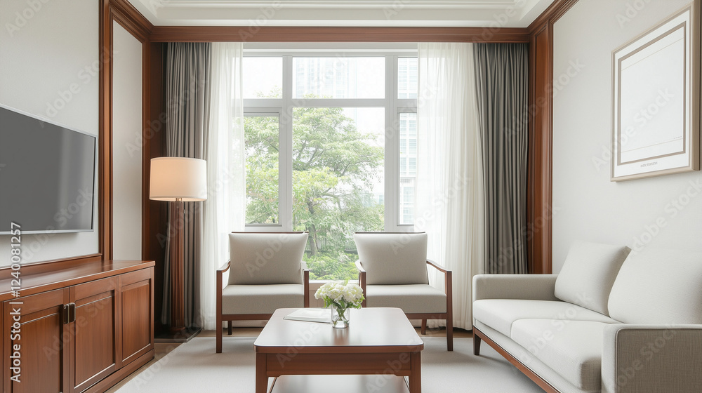 Fototapeta premium Modern Living Room Interior Design: A bright and airy living room features a contemporary design with beige sofas, wooden furniture, and large windows overlooking a lush green view.