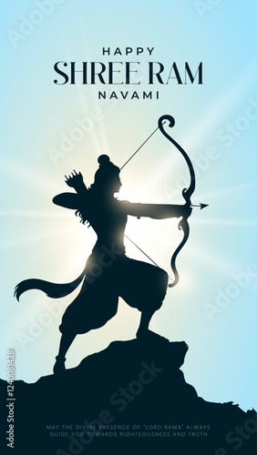 Happy Ram Navami portrait Vector Background Design with Silhouette Lord Rama Illustration. Shree Ram Navami celebration background for religious holiday of India. Ram Navmi with Lord Ram vector.
