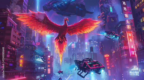 Craft a captivating composition featuring ethereal phoenixes soaring above sleek hovercrafts against a pixel art rendition of a bustling metropolis illuminated by neon lights, blending the mystical an photo