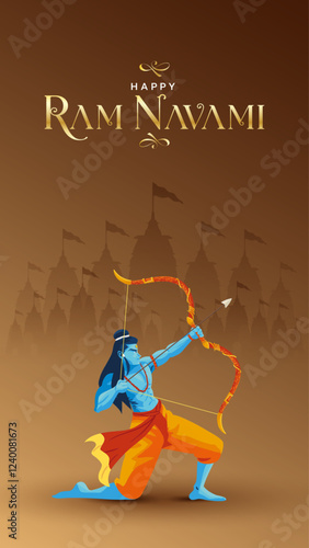 Happy Ram Navami portrait Vector Background Design with Silhouette Lord Rama Illustration. Shree Ram Navami celebration background for religious holiday of India. Ram Navmi with Lord Ram vector.
