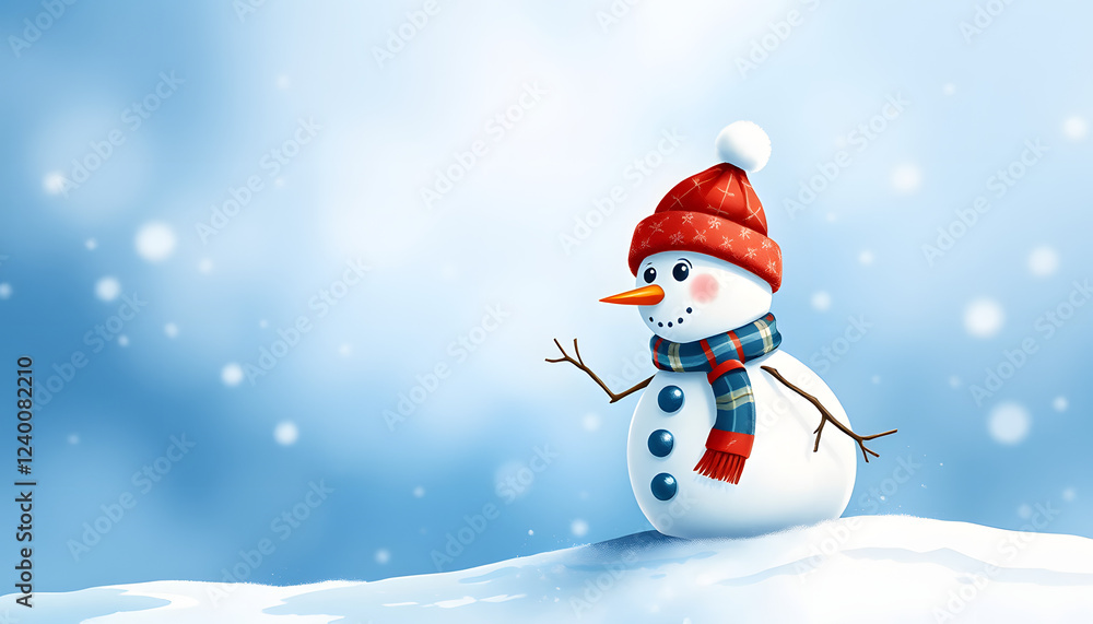 Fototapeta premium little snowman on soft snow on blue background, watercolor. isolated with white shades