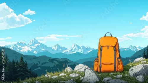 Vibrant Orange Backpack Against Mountain Landscape