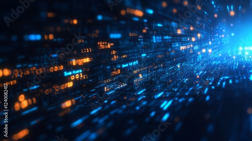 A vibrant abstract representation of digital data flowing in a futuristic environment with glowing blue and orange lights.