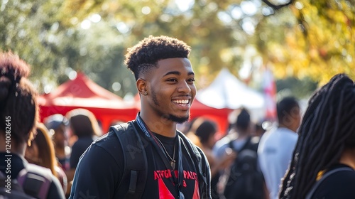 Gathering of Black Students at Campus Event in Vibrant Atmosphere with Smiling Faces and Colorful Tents