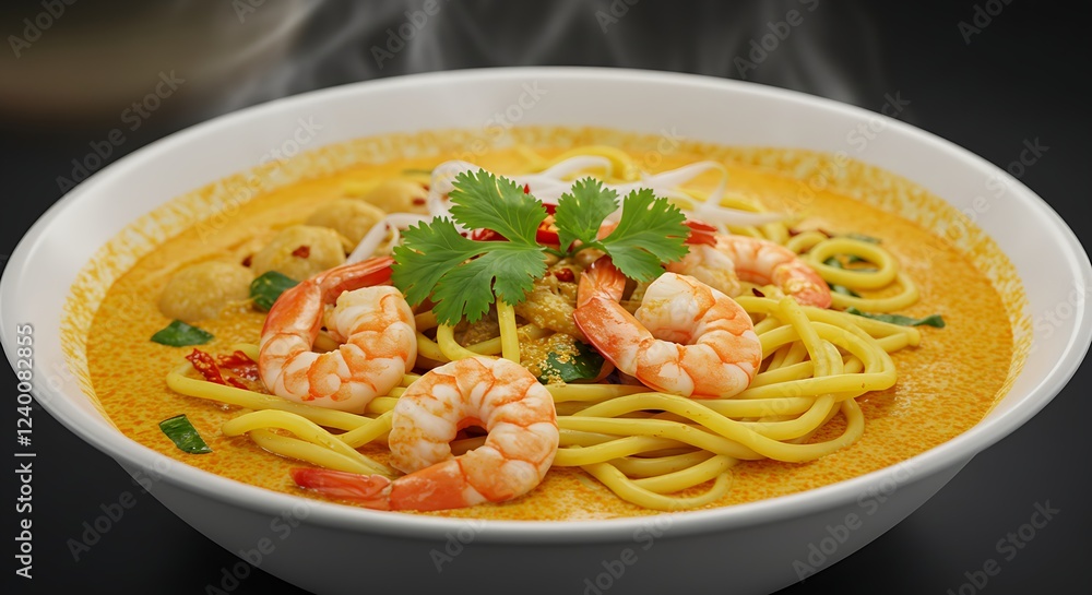 A steaming bowl of laksa with thick noodles, coconut curry broth, and prawns. A steaming bowl of laksa with thick noodles, coconut curry broth, and prawns.