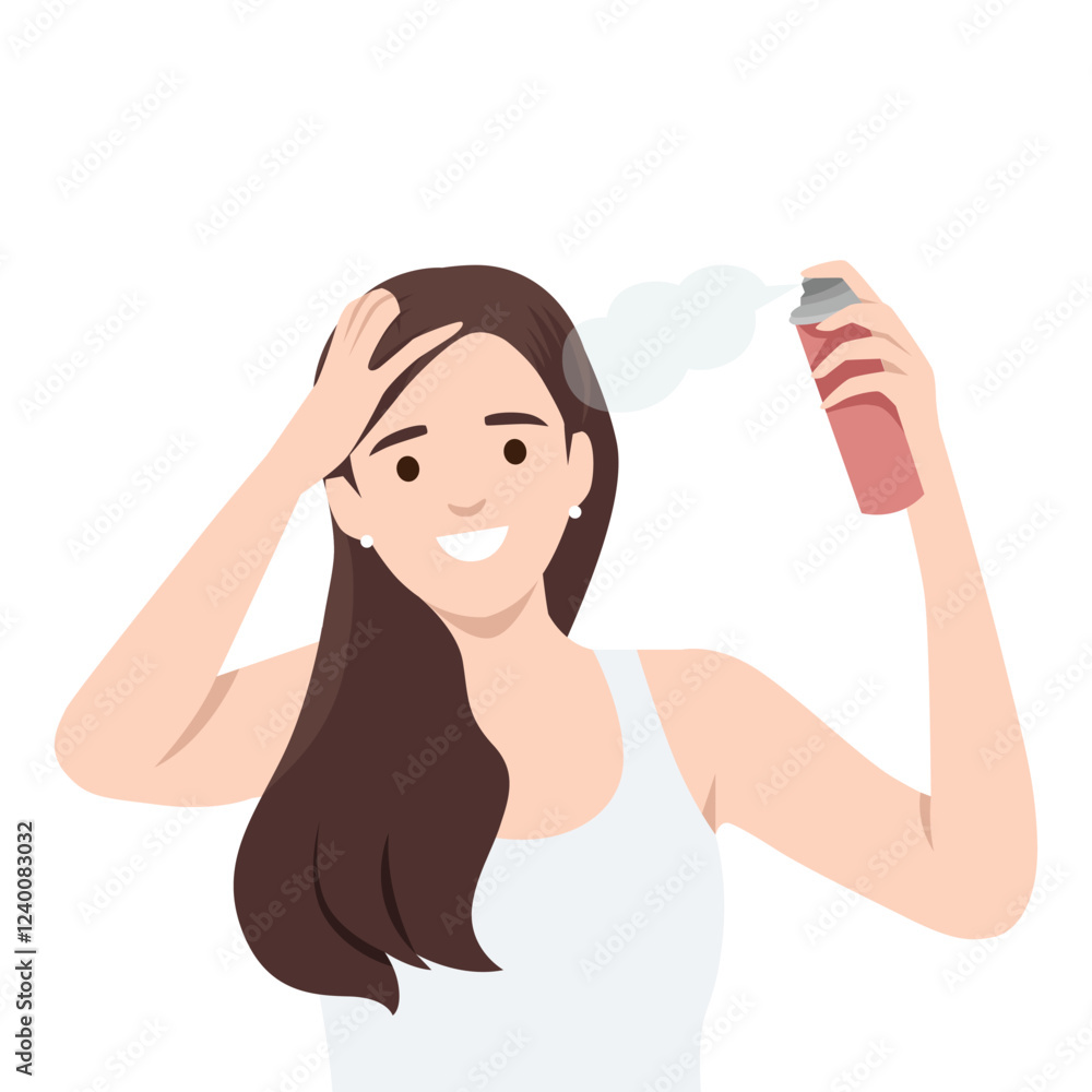 Woman Applying Hairspray. Woman with long hair is spraying hairspray onto her hair. Flat vector illustration isolated on white background Woman Applying Hairspray. Woman with long hair is spraying hairspray onto her hair. Flat vector illustration isolated on white background