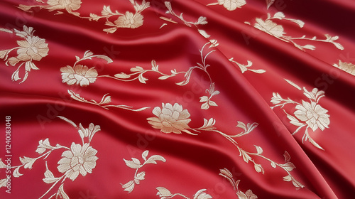 Red Silk Fabric with Floral...