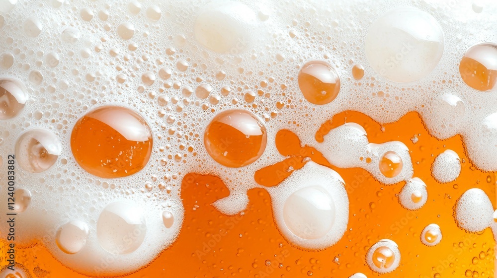 Close-Up View of Foamy Beer Bubbles on a Refreshing Amber Liquid Close-Up View of Foamy Beer Bubbles on a Refreshing Amber Liquid