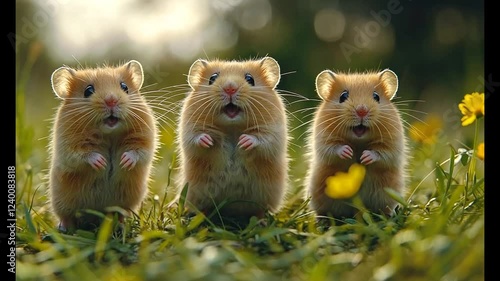 Three surprised hamsters standing on grass with open mouths.