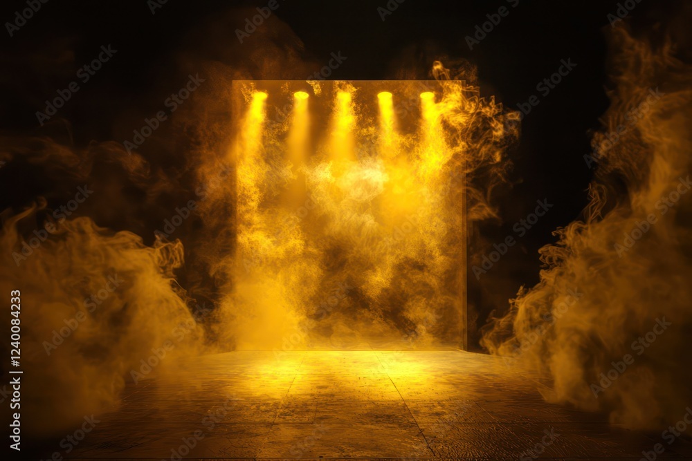 Fototapeta premium Vibrant yellow smoke and intense spotlight effects on a stage, offering a lively setting for product showcases or concert designs.