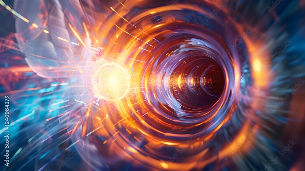 Obraz premium Close-up of glowing, swirling quark plasma in a futuristic laboratory, showcasing vibrant colors and dynamic energy patterns. Scientific research and advanced technology concepts