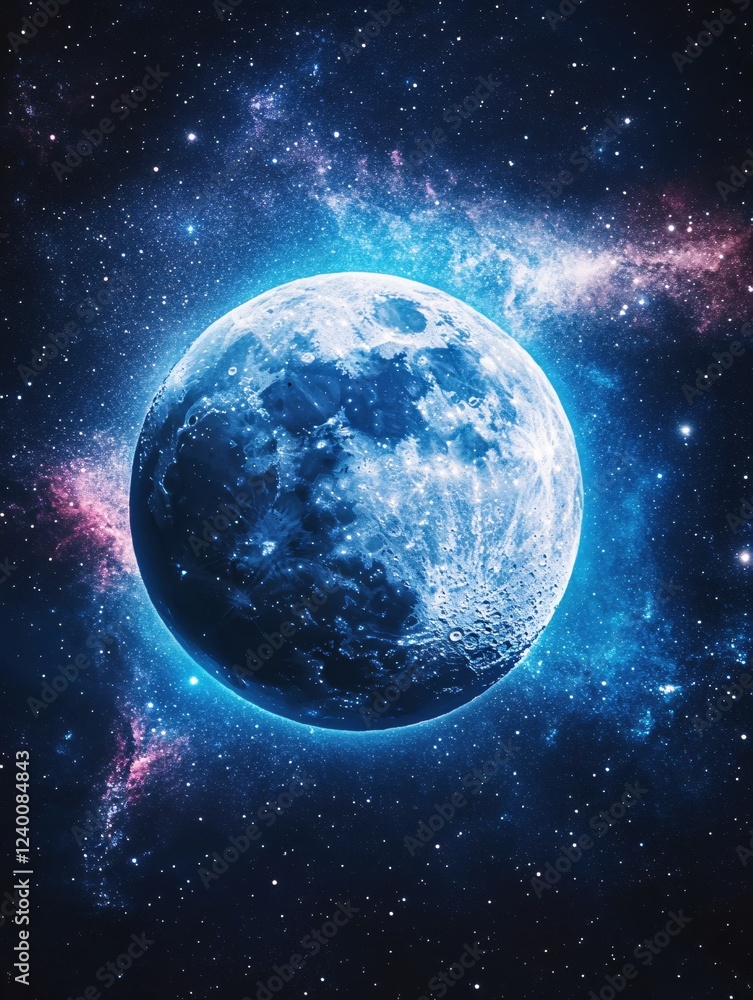 Fototapeta premium Ethereal moon in cosmic space with vibrant nebula and bright stars in a dark universe
