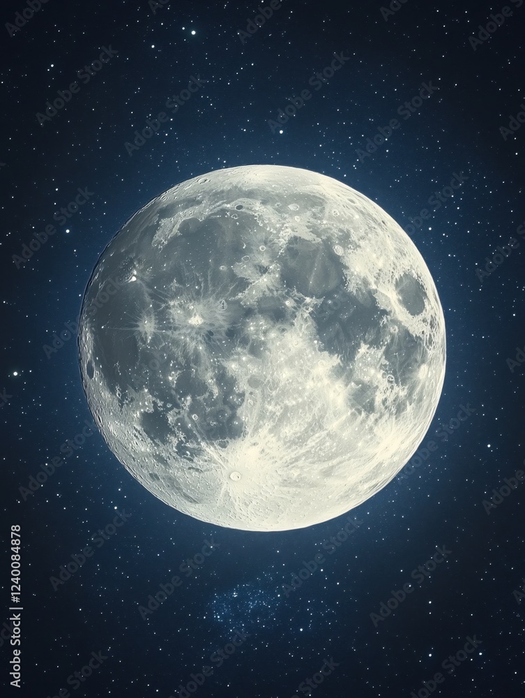 Full moon shining brightly in dark night sky with many stars creating a celestial scene Full moon shining brightly in dark night sky with many stars creating a celestial scene