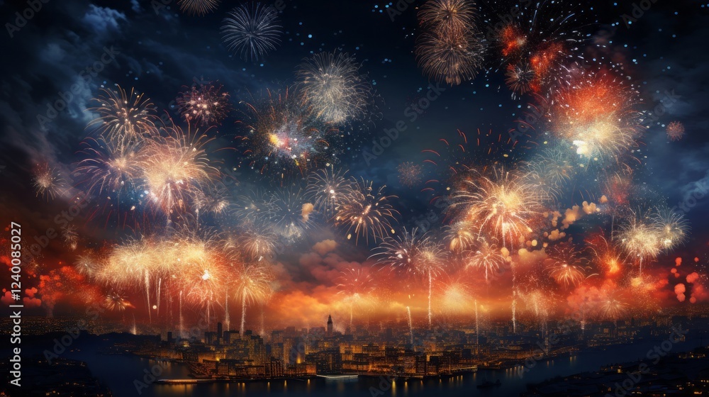 Obraz premium 夜空輝く打上花火イラスト,Generative AI AI画像